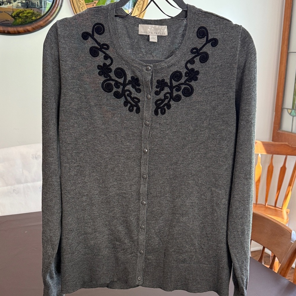 CarolynTaylor Charcoal Cardigan with Black Embroidery